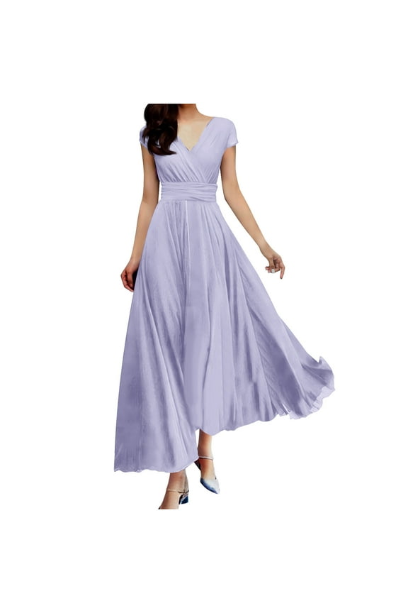 Petite Maxi Dresses for Women,Women's Summer Solid Color Closed Waist Evening Dress Short Sleeve V-Neck Dress,Maxi Dress Casual V Neck Flowy Sundress.