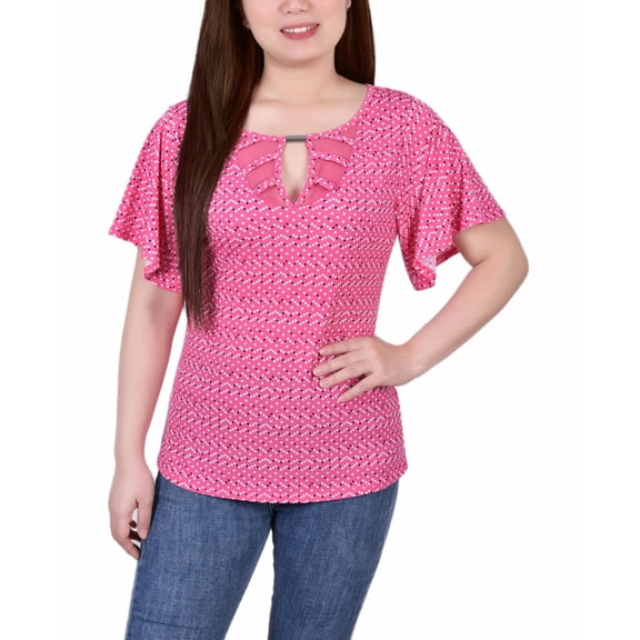 Petite Mesh Flutter Sleeve Knit Top Magenta Velerdot PM
