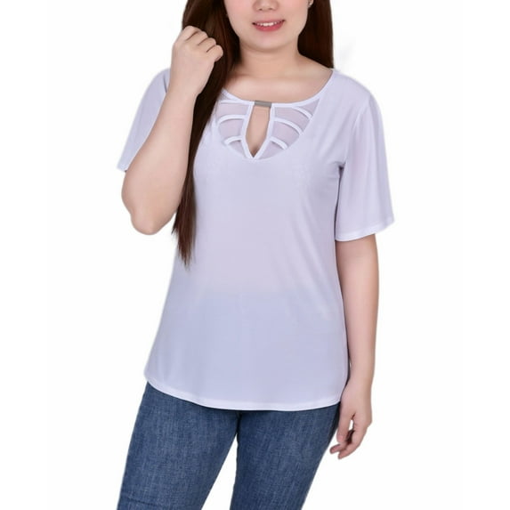 Petite Mesh Flutter Sleeve Knit Top White PM