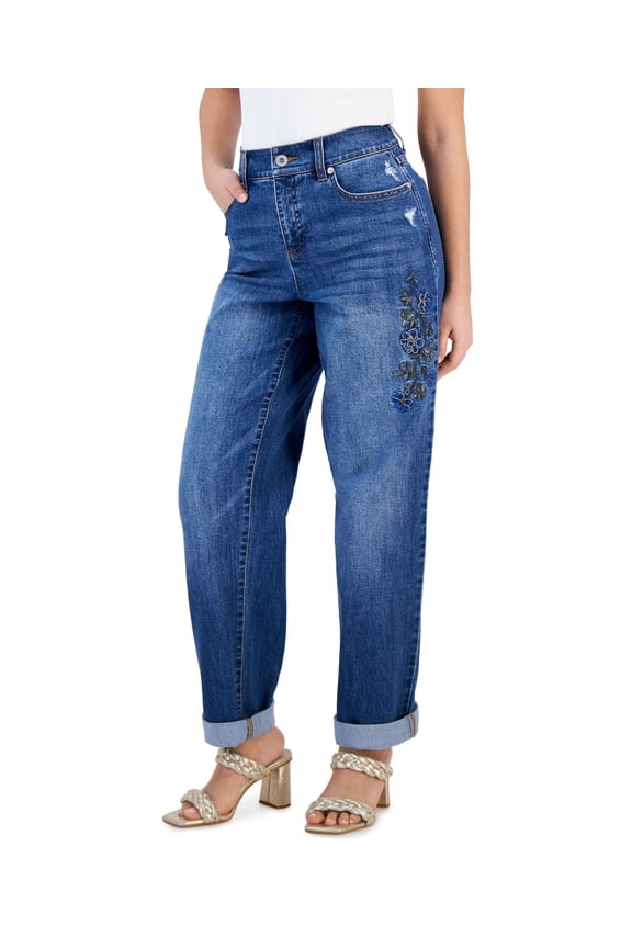 Petite Mid-Rise Beaded Boyfriend Jeans Medium Indigo 0P