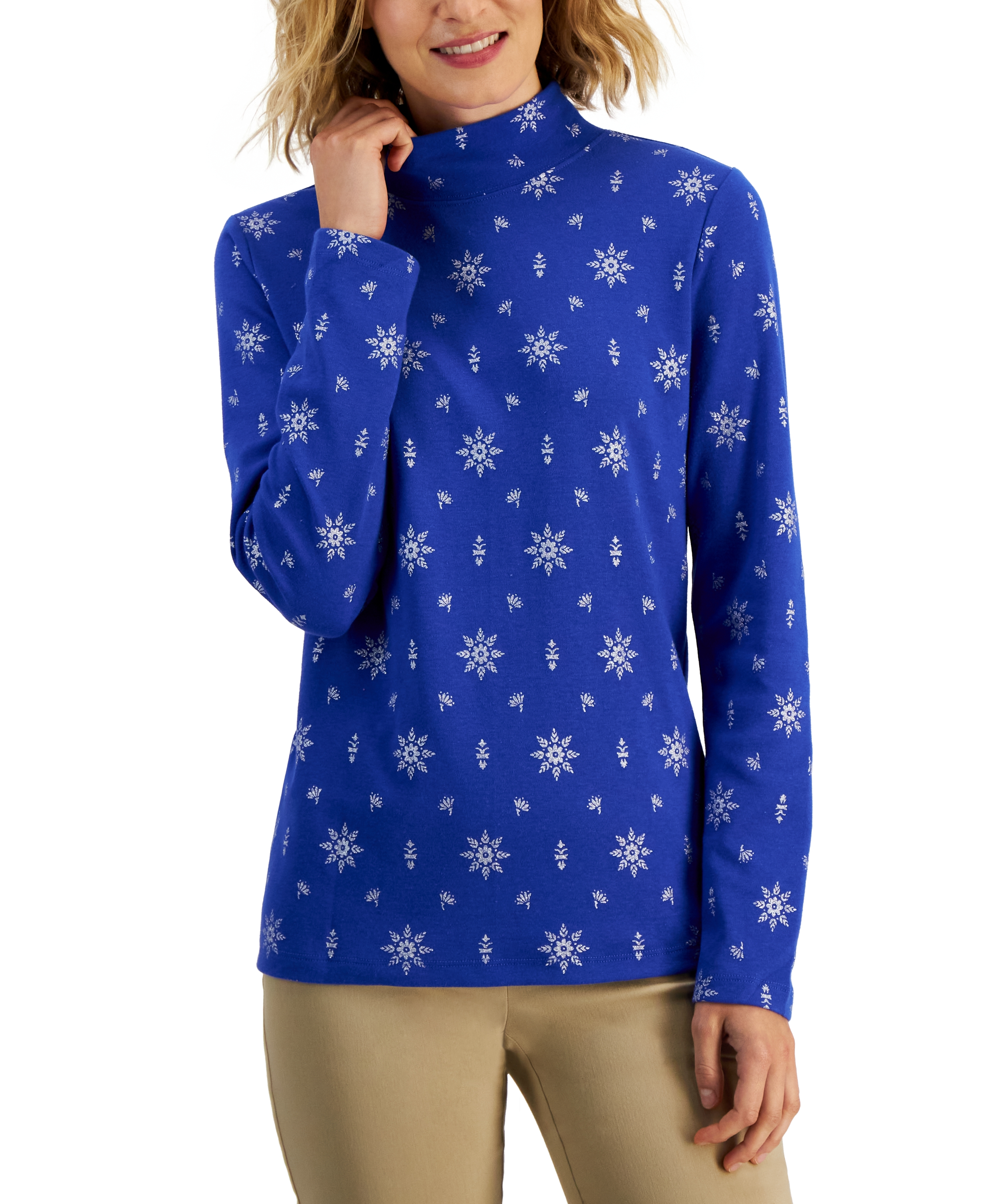 Petite Mock-Neck Printed Top Ultra Blue Snowflake PS - Walmart.com