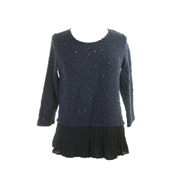 Petite Modern Navy Sequined Pleated-Hem Sweater P-M
