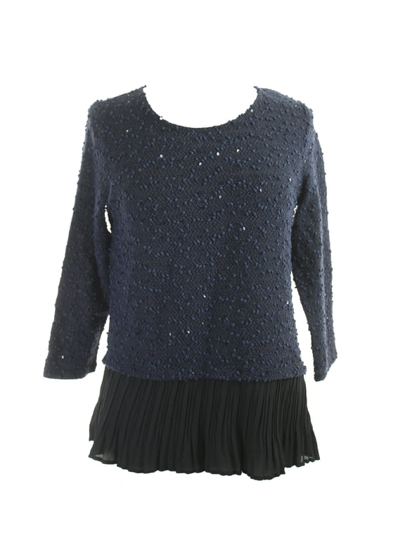 Petite Modern Navy Sequined Pleated-Hem Sweater P-M