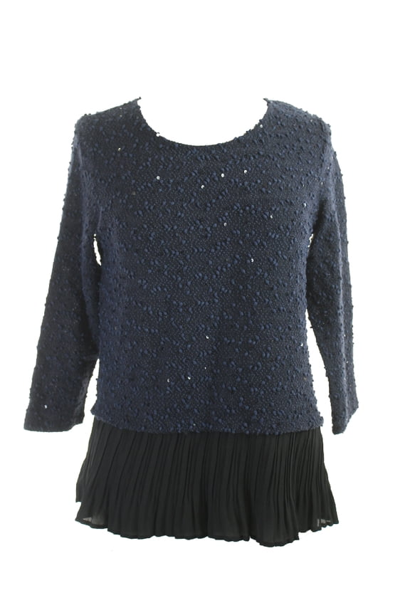 Petite Modern Navy Sequined Pleated-Hem Sweater P-M