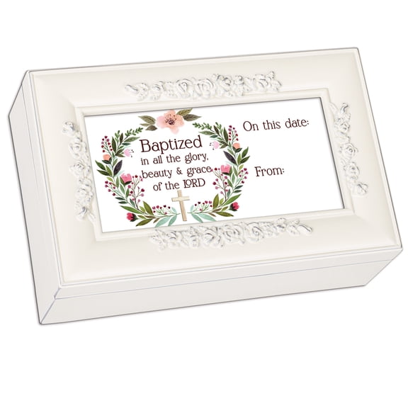 Cottage Garden PR381SI Baptized In All The Glory Distressed White Polymer Embossed Rosette Petite Photo Frame Music Box Plays Jesus Loves Me