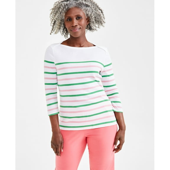Petite Nautical Stripe Boat-Neck Cotton Top  Bright White PM