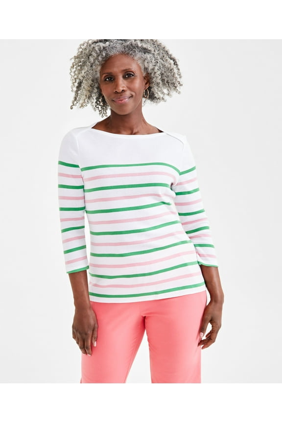 Petite Nautical Stripe Boat-Neck Cotton Top  Nautical Bright White PP