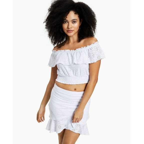 Petite Off-The-Shoulder Eyelet Cropped Top Bright White PXS