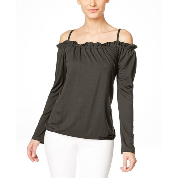 Petite Off-The-Shoulder Ruffled Peasant Blouse Grey Knight PL