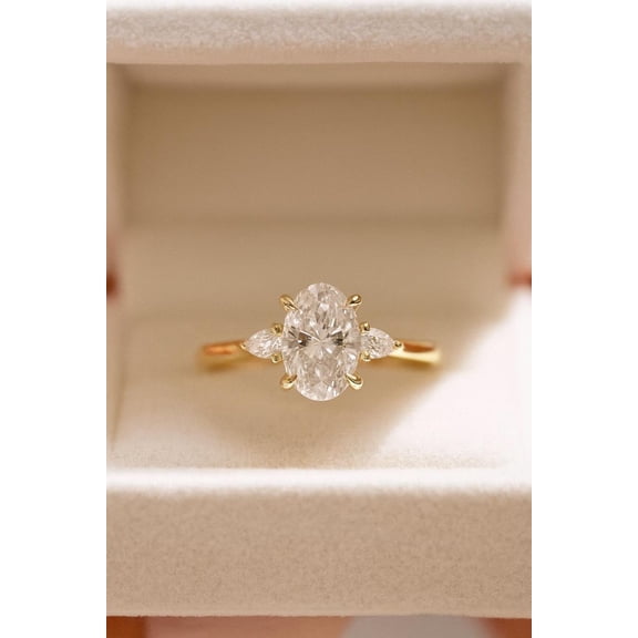 Petite Oval Cut Moissanite Diamond Three Stone Engagement Ring, Gold Palted Promise Ring, Dainty Minimalist Jewelry