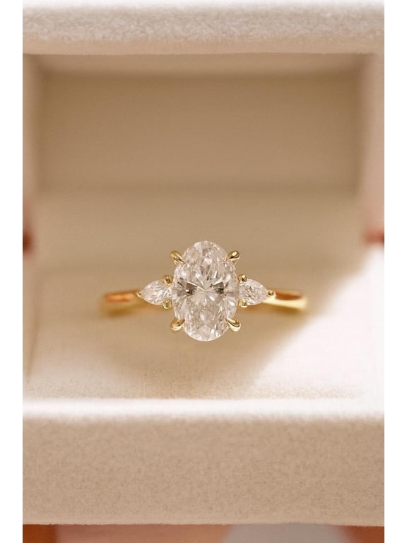 Petite Oval Cut Moissanite Diamond Three Stone Engagement Ring, Gold Palted Promise Ring, Dainty Minimalist Jewelry