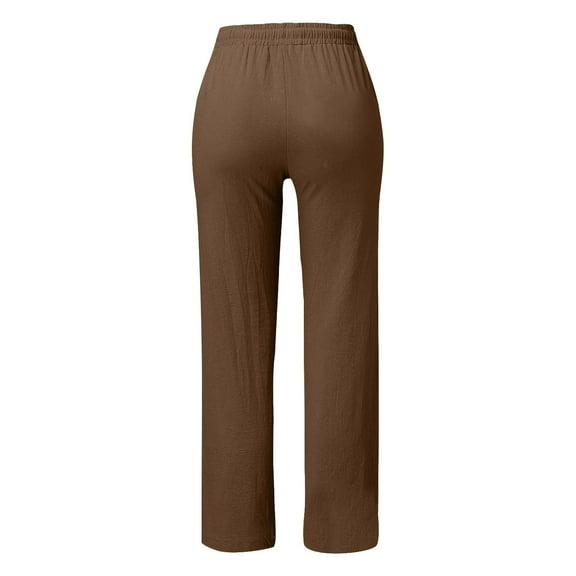 Petite Pants for Women Elastic Waist High Waisted Wide Leg Solid Color Drawstring Straight Leg Long With Pockets Casual Trousers Trendy Dressy Coffee M