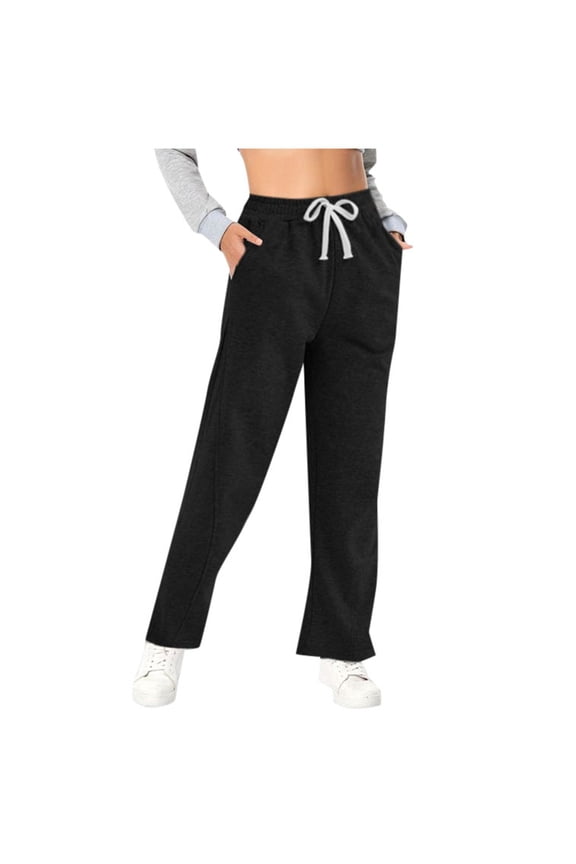 Petite Pants for Women Elastic Waist Oversized Wide Leg Lightweight Sweatpants Drawstring Straight Leg Sweatpants Low Waist Baggy With Pockets Trousers Dressy Casual Black 2XL