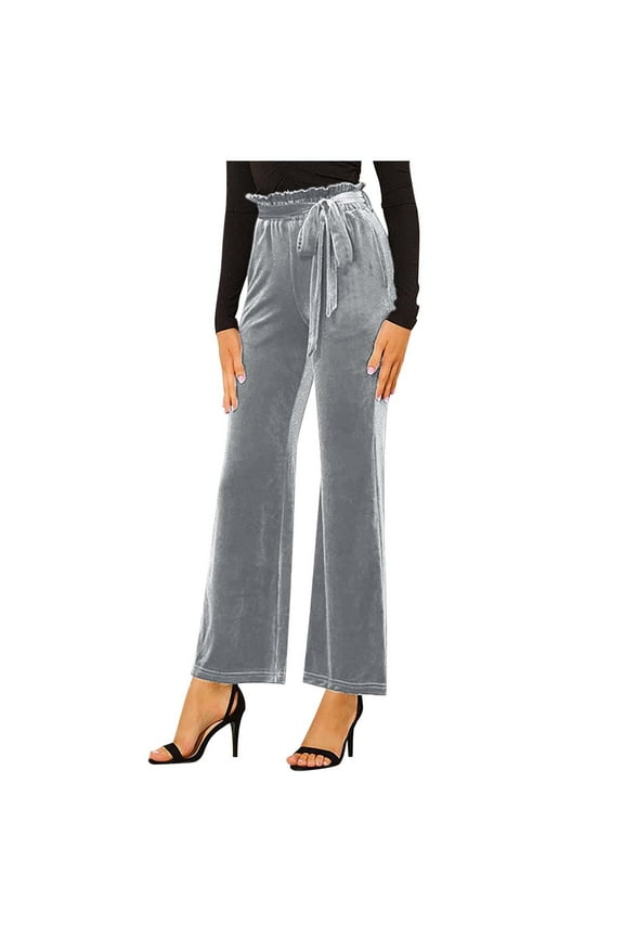 Petite Pants for Women Elastic Waist Solid Color Fall Winter Suede Belt Pocket Straight Leg Wide Leg Temperament Elegant Commuting Trousers Dressy Casual Grey XL