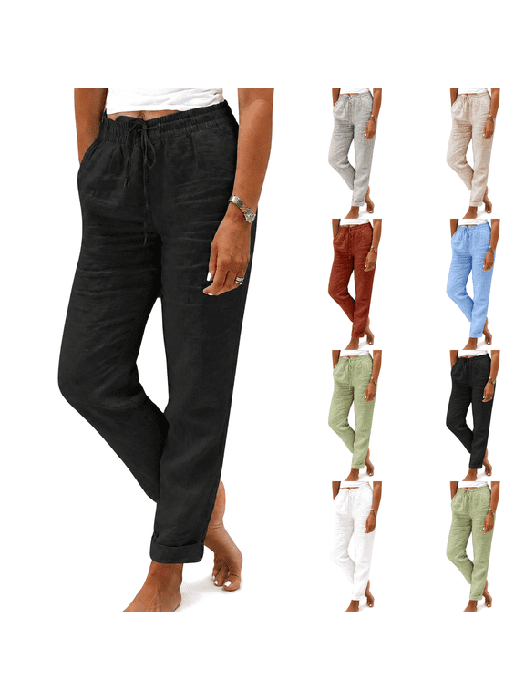 Petite Pants Women Linen Elastic Drawstring Waist Straight Leg Tapered Pant Lightweight Breathable Trousers