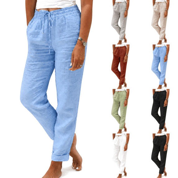 Petite Pants Women Linen Elastic Drawstring Waist Straight Leg Tapered Pant Lightweight Breathable Trousers