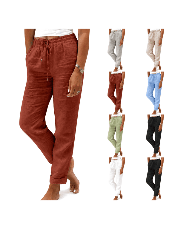 Petite Pants Women Linen Elastic Drawstring Waist Straight Leg Tapered Pant Lightweight Breathable Trousers