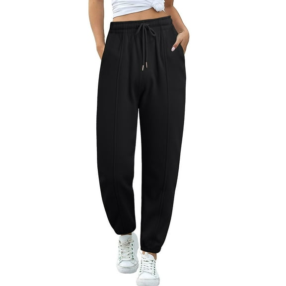 Petite Pants for Women Elastic Waist Cotton Lined Sweatpants Straight Leg Sweatpants Trousers Dressy Casual Black M