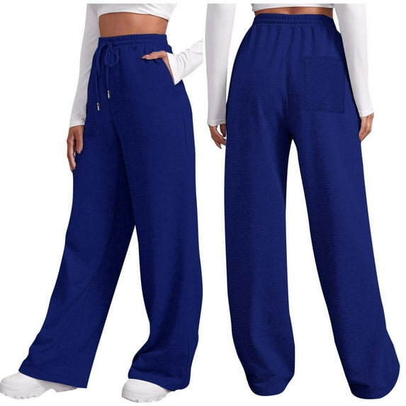 Petite Pants for Women Elastic Waist Fall Winter Solid Color Sports Pocket Lace Up Wide Leg Straight Leg Sweatpants Trousers Dressy Casual Blue M