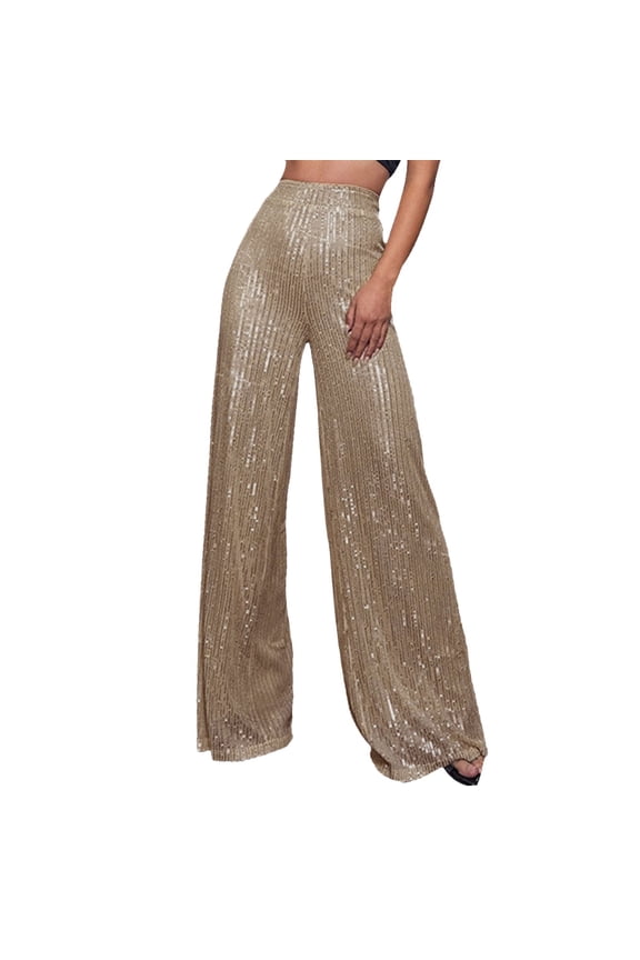 Petite Pants for Women Elastic Waist Fashion Sequined Sparkling High Waisted Wide Leg Flared Nightclub Wear Trousers Dressy Casual Khaki 5XL