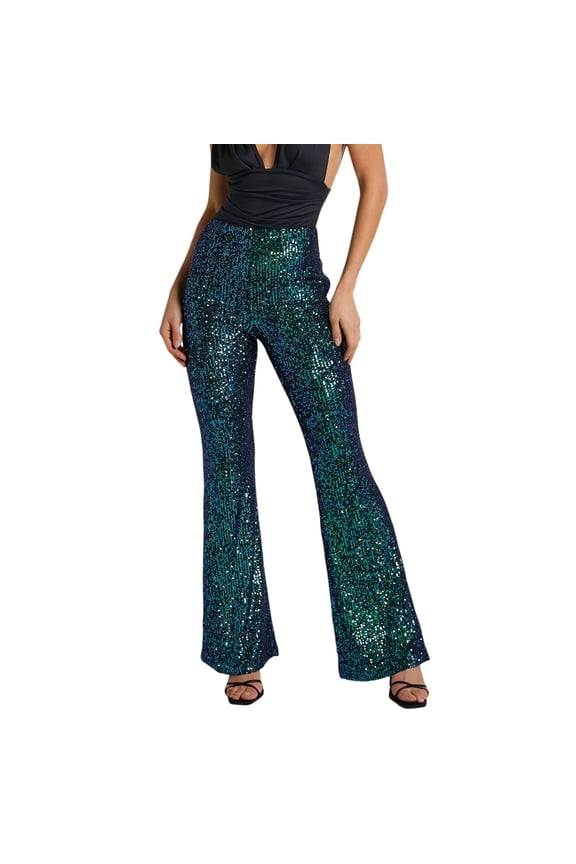 Petite Pants for Women Elastic Waist Sequined Sparkling Sequins High Waisted Wide Leg Flared Flared Nightclub Wear Trousers Dressy Casual Green XL