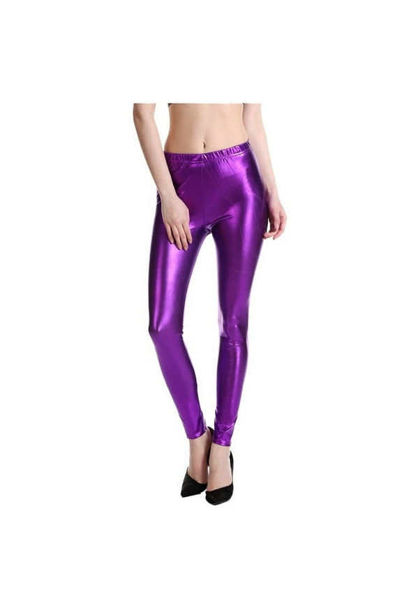 Petite Pants for Women Elastic Waist Stretchy Leather Leggings Black High Waisted Tights Trousers Dressy Casual Purple L