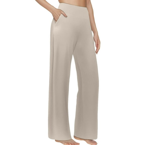 Petite Pants for Women Elastic Waist Yoga Wide Leg With Pockets High Waist Stretch Dress Sweatpants Trousers Dressy Casual Beige XL