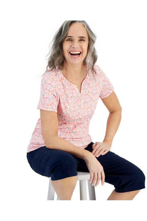 Petite Patchy Ditsy Floral Henley Short-Sleeve Top Patchy Coral PS
