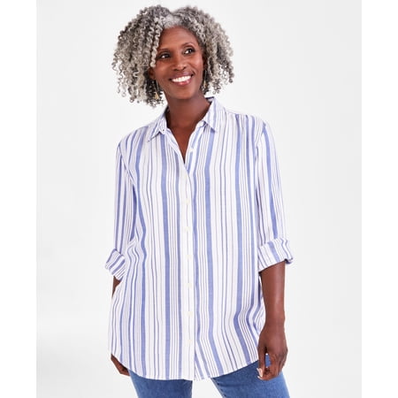 Petite Payton Plaid Long-Sleeve Boyfriend Tunic Stripe White PS