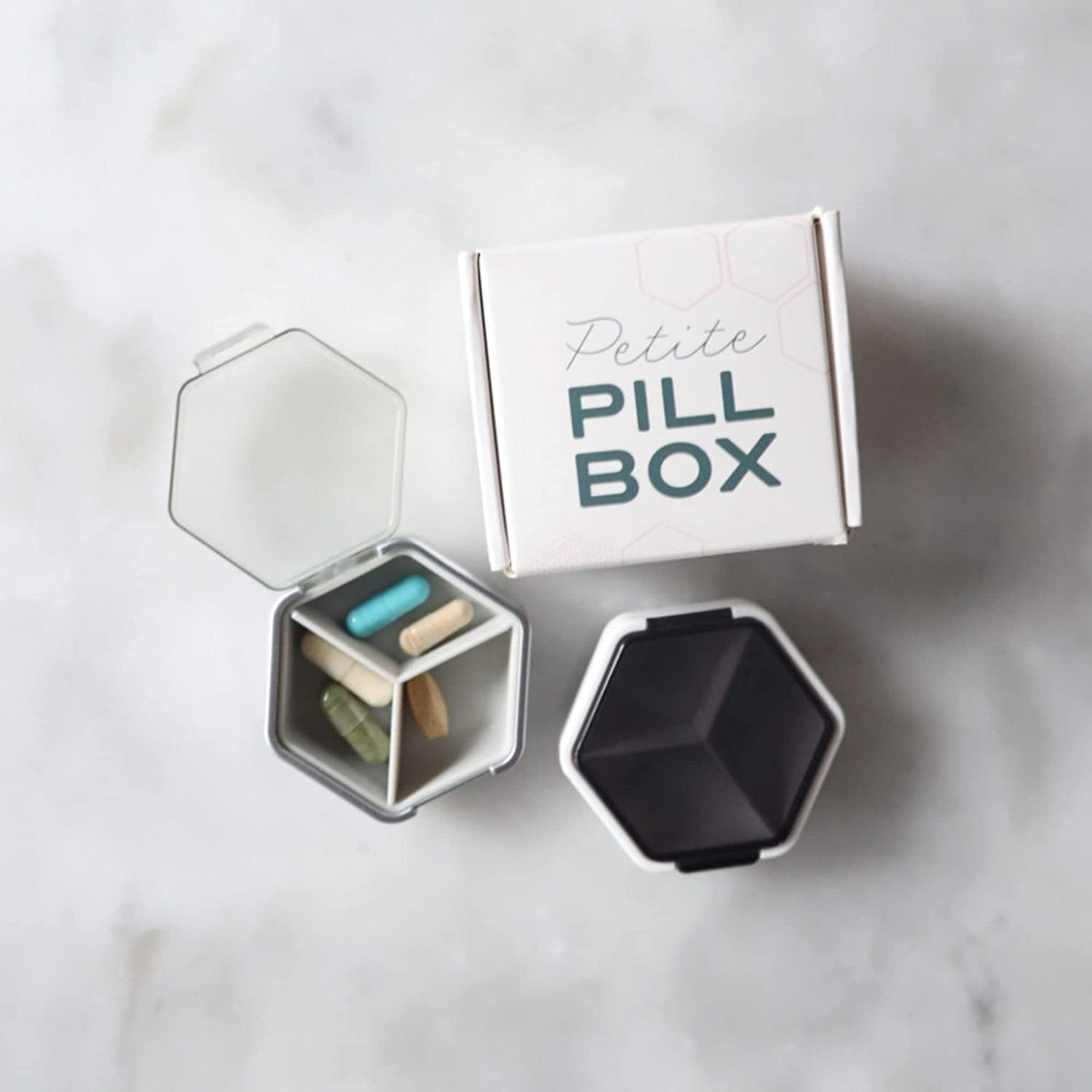 Petite Pillbox | Set of 2 | Pocket Sized Travel Pill Organizer by Mimi Medcessories | Blanc and Platinum