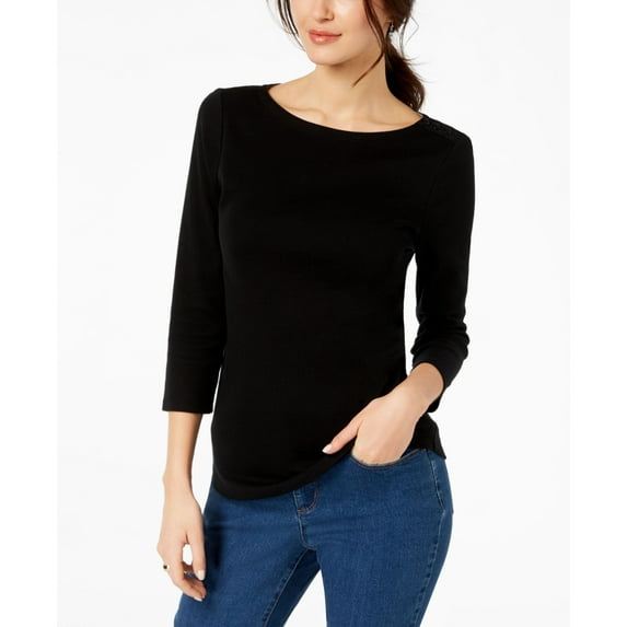Petite Pima Cotton Button-Shoulder Top Deep Black PXL