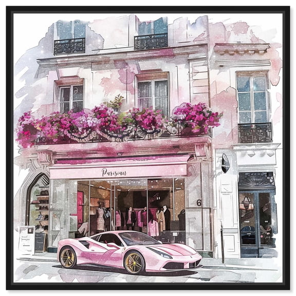 Petite Pink Store Drive By Canvas Fashion Illustration by Art Remedy, Black Frame, 12" x 12"