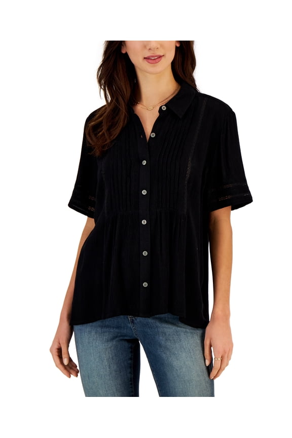 Petite Pintuck Short-Sleeve Button-Front Shirt Deep Black PM