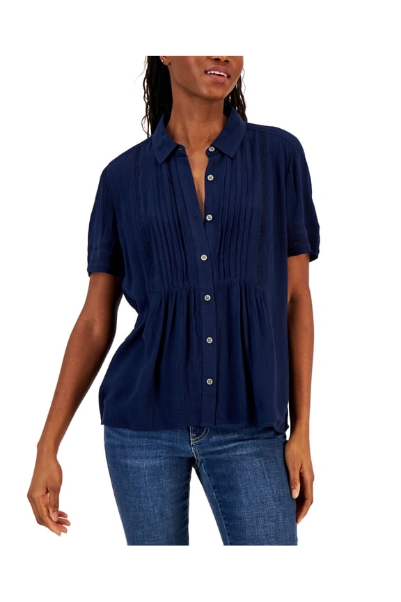 Petite Pintuck Short-Sleeve Button-Front Shirt Industrial Blue PS