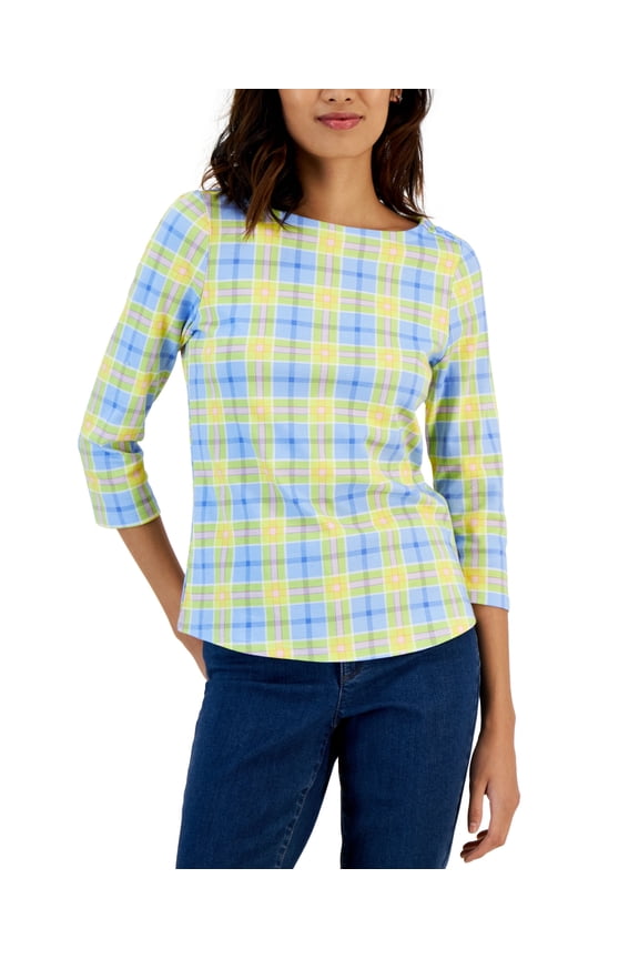 Petite Plaid Boat-Neck 3/4-Sleeve Top Open Air Combo PS