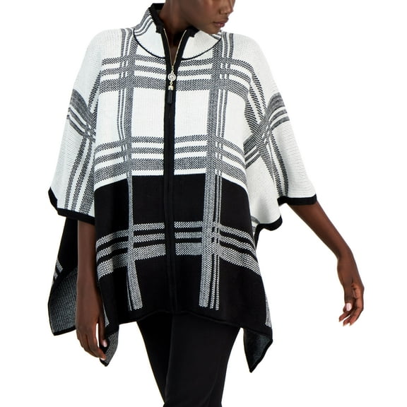 Petite Plaid Mock-Neck Zippered Poncho Ivory Black PL-PXL