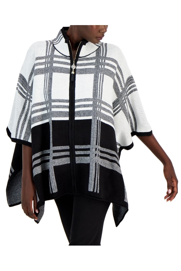 Petite Plaid Mock-Neck Zippered Poncho Ivory Black PL-PXL