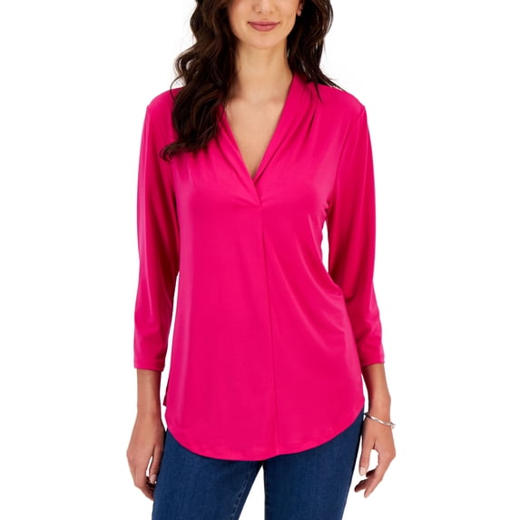 Petite Pleat-Neck 3/4-Sleeve Top Pink Tutu PP