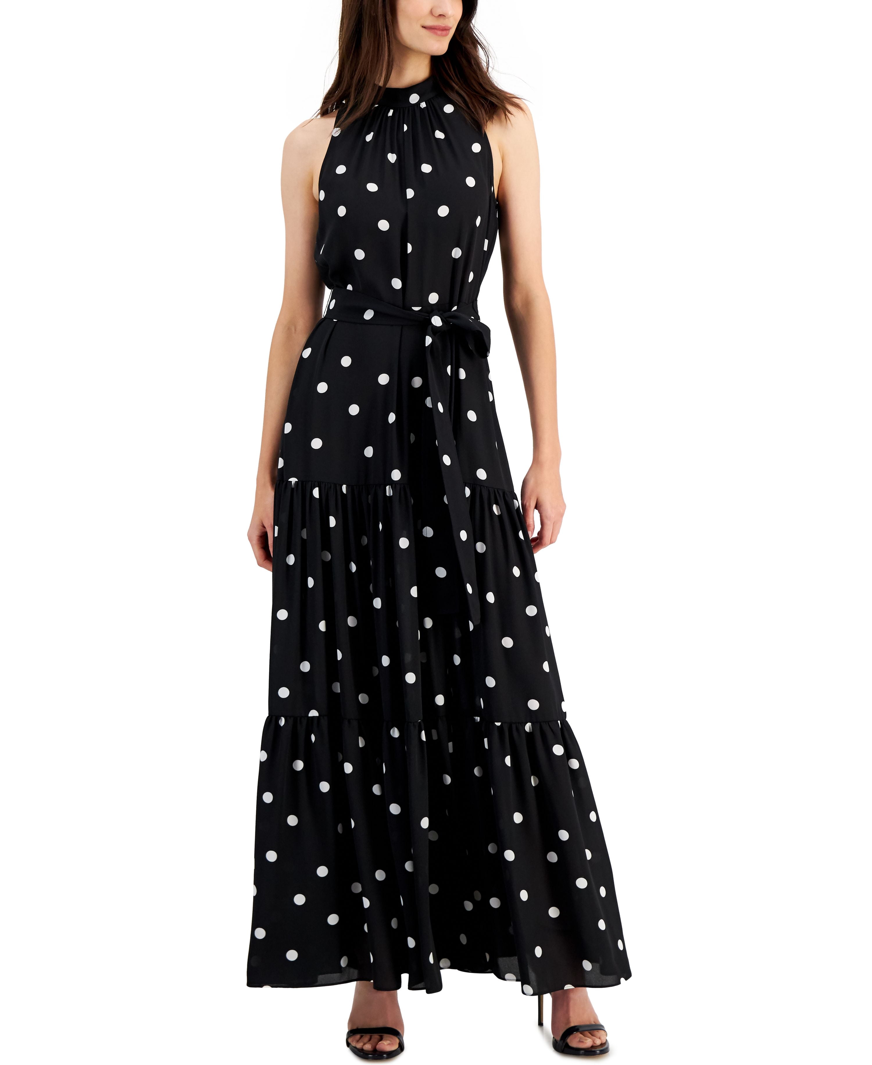 knee length dresses for ladies Black Ivory Dot Halter Front Chiffon Maxi Dress