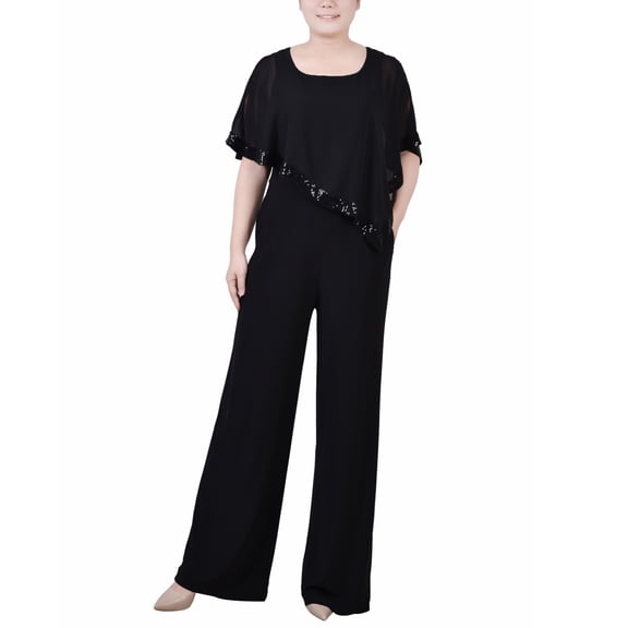 Petite Poncho Sleeve Sequined Jumpsuit Black PS