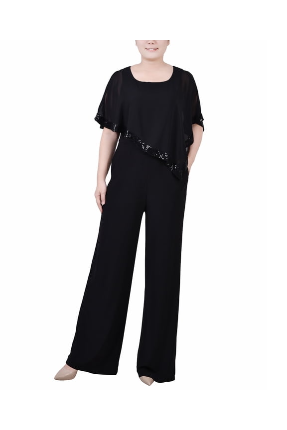 Petite Poncho Sleeve Sequined Jumpsuit Black PS