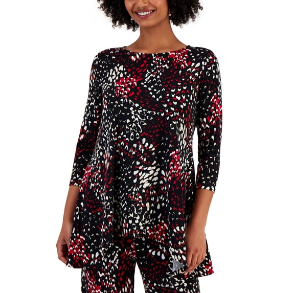 Petite Printed 3/4-Sleeve Long Top Deep Black Combo PP/PXS