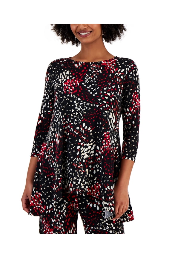 Petite Printed 3/4-Sleeve Long Top Deep Black Combo PS