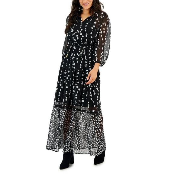 Petite Printed 3/4-Sleeve Maxi Dress Black Mixed Print PXS