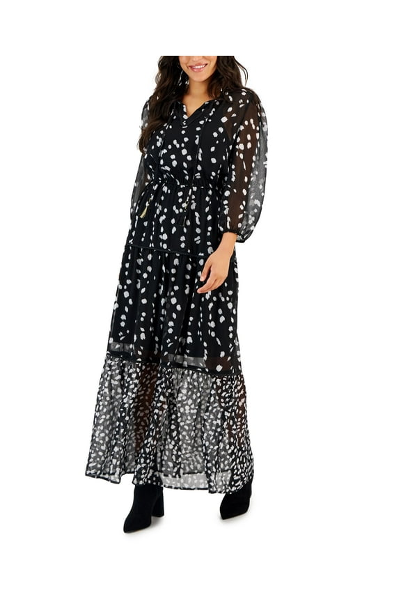 Petite Printed 3/4-Sleeve Maxi Dress Black Mixed Print PXS