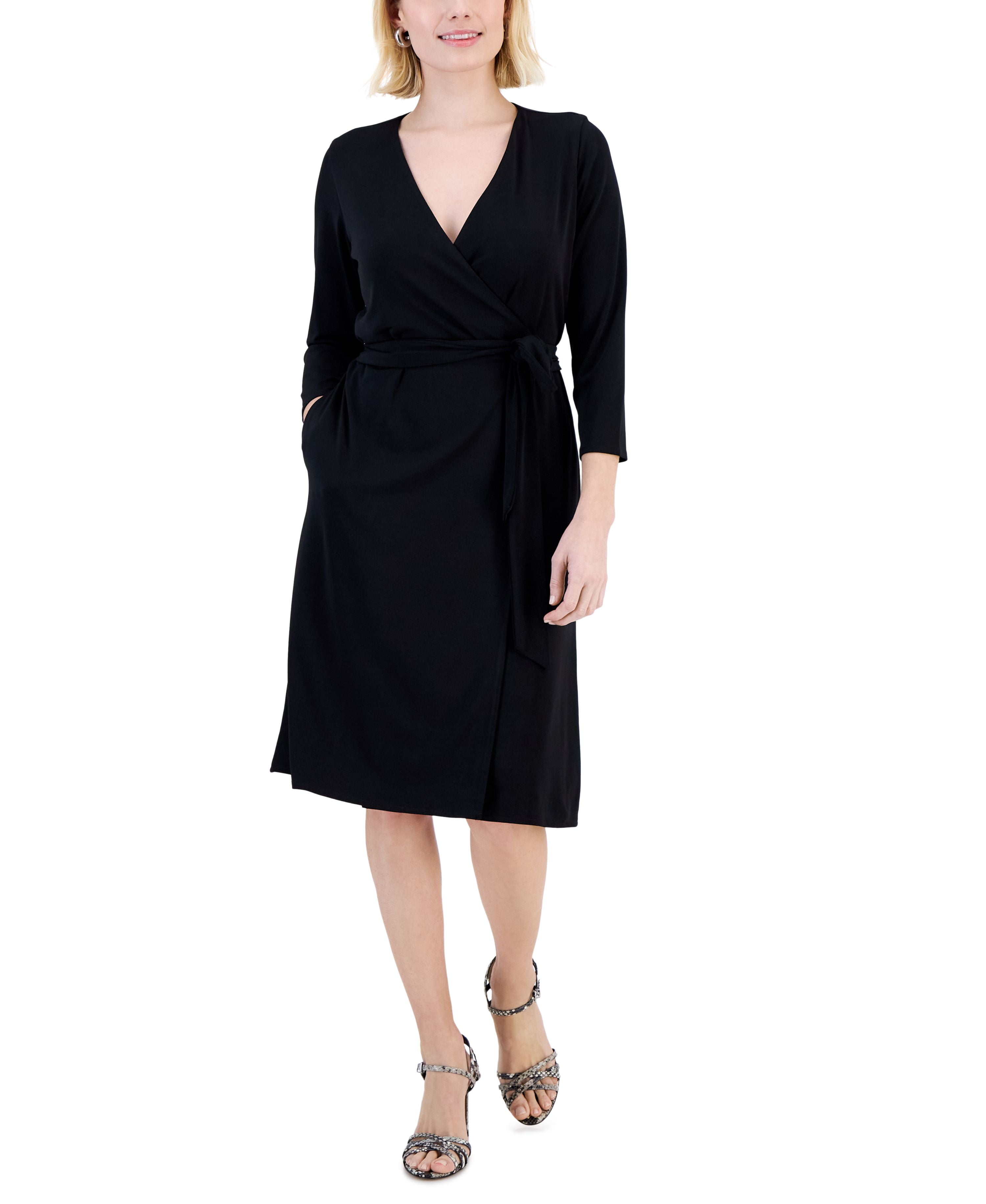 3 4 sleeve black dress petite Petite 3/4 Sleeve Textured Knit 2 Piece Dress Set Black White / 8P main image 0