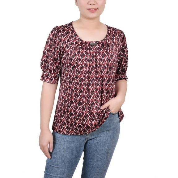 Petite Printed Balloon Sleeve Top Black Wine Zigzag PS