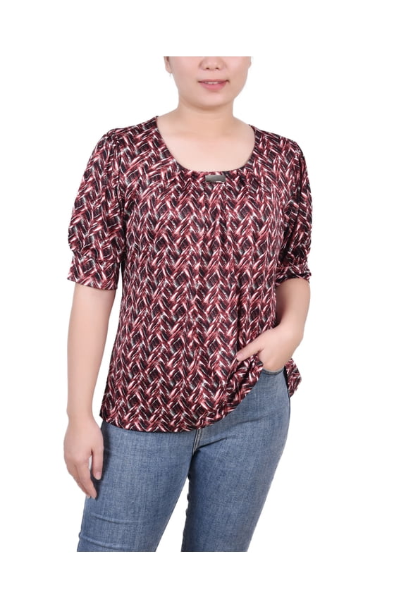 Petite Printed Balloon Sleeve Top Black Wine Zigzag PS