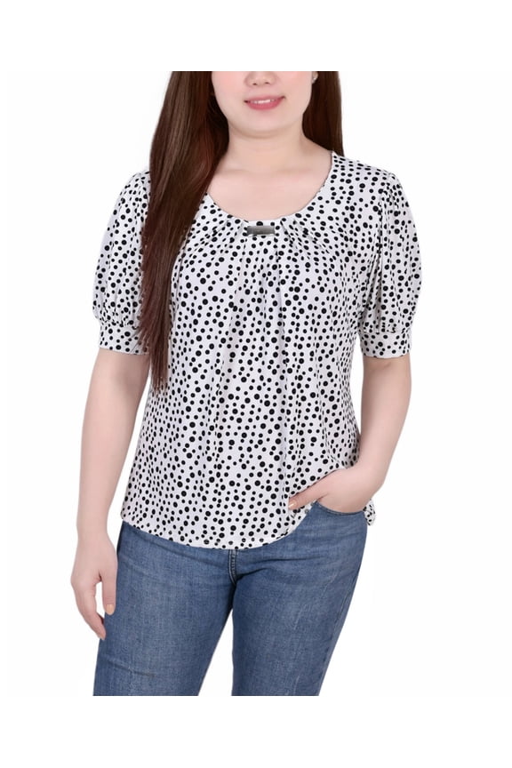 Petite Printed Balloon Sleeve Top Pristine White Icemoon PL