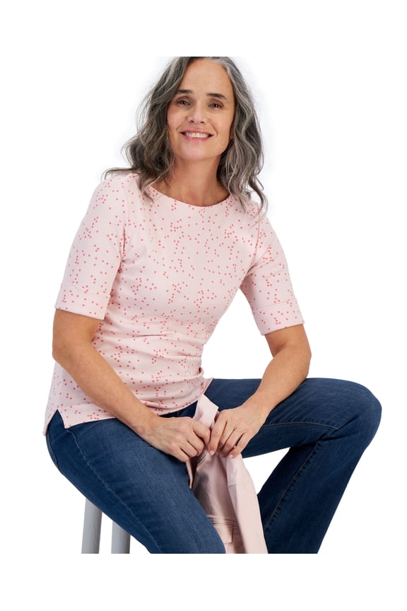 Petite Printed Boat-Neck Elbow-Sleeve Top Mini Star Pink PM